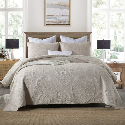 Quilted pure cotton bed cover set with Nordic plant embroidery in 230x250cm size