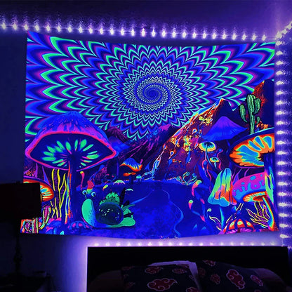 Fluorescent luminous polyester tapestry with psychedelic machine-woven patterns glowing under UV light