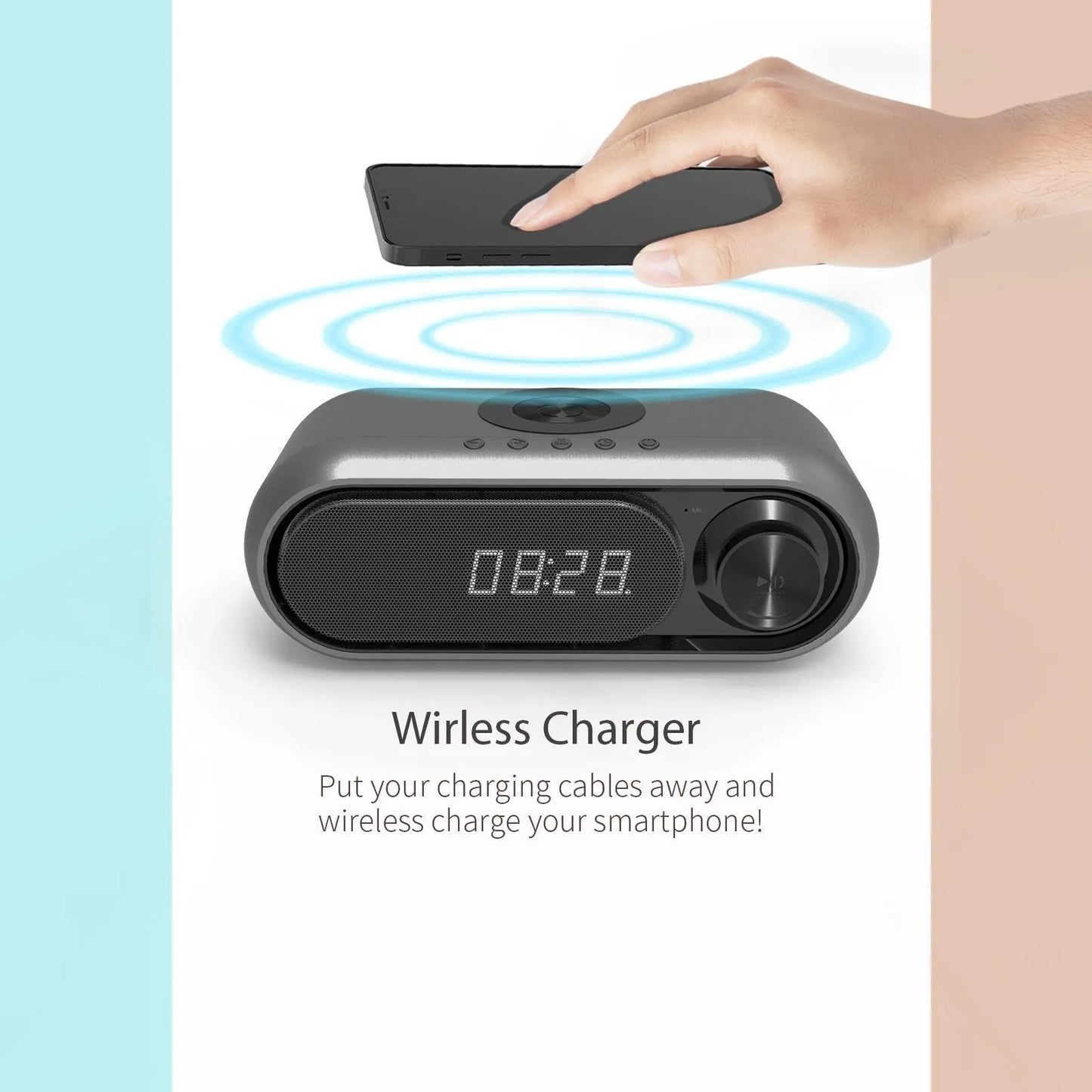 Space grey wireless charging bedside alarm clock with Bluetooth speaker and FM radio