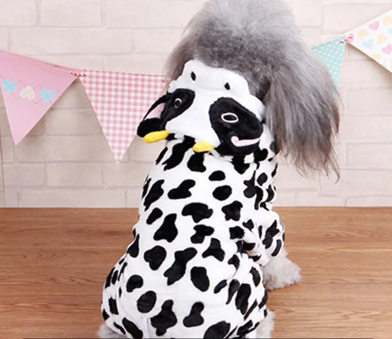Coral fleece four-legged dog costume in cartoon style, sizes XS to 2XL, five character options