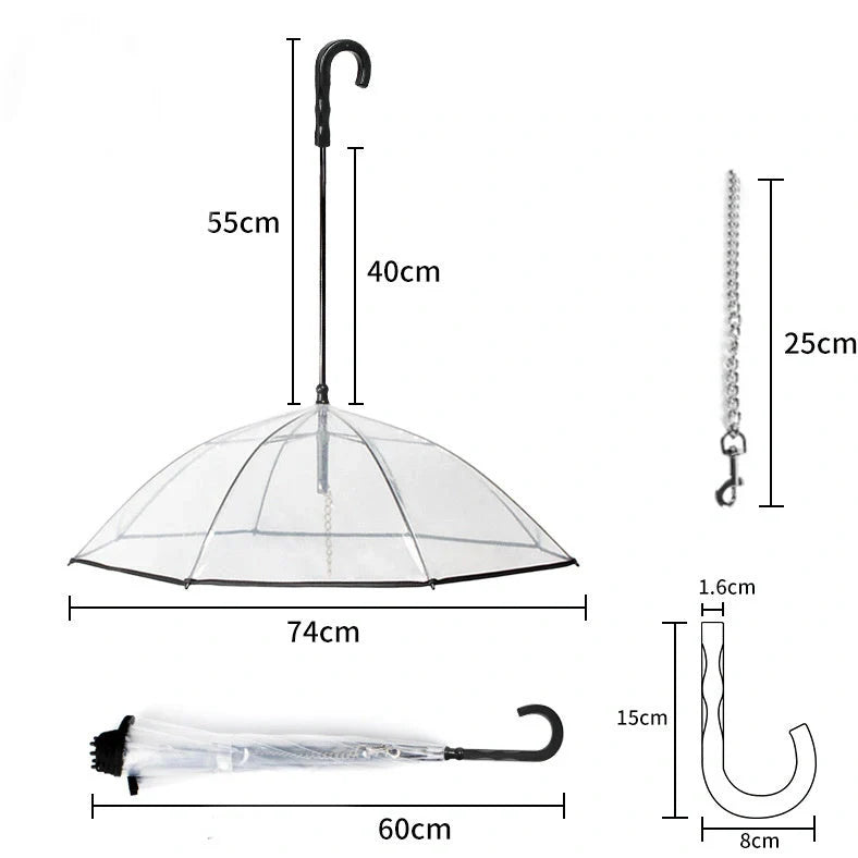 Transparent dog umbrella with stainless steel chain attached to harness for rainy walks