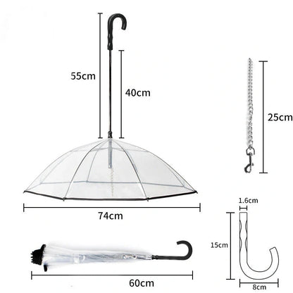 Transparent dog umbrella with stainless steel chain attached to harness for rainy walks