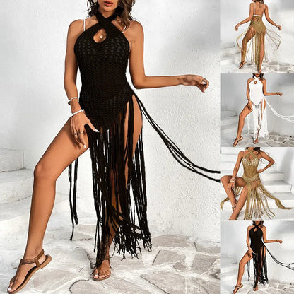 Brown one-piece swimsuit with cross collar design and tassel detailing, hollow yarn fabric construction for beach cover-up