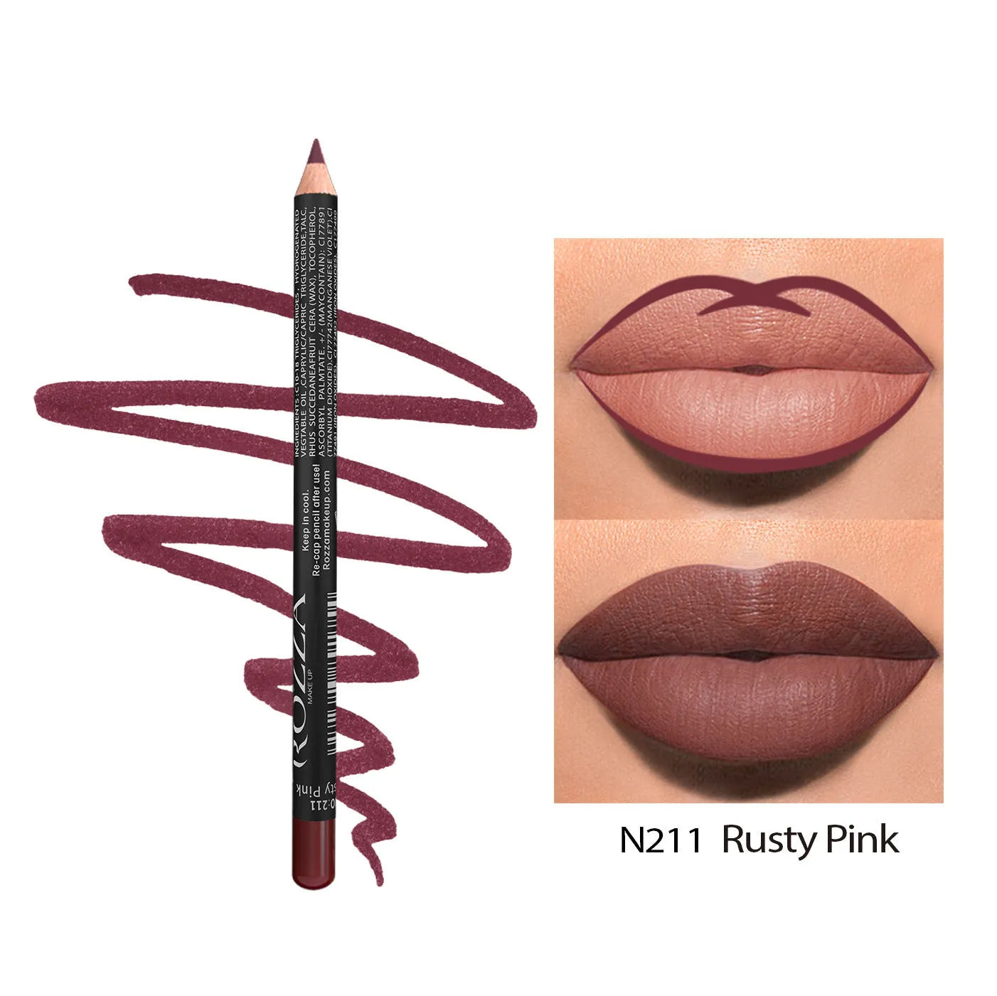 Matte lip liner pencil in wooden casing shown in shade range 201-214 on a white background