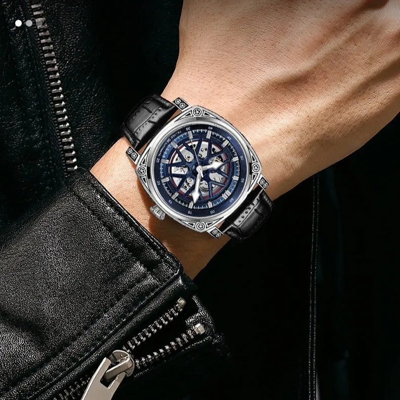 Stainless steel automatic mechanical men's watch with leather strap, 14mm thickness, available in blue, black, rose white, and white with black belt colours.
