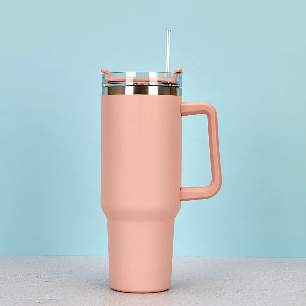 Black 40 oz stainless steel thermos cup with handle, double-wall insulation, Nordic style for office or outdoor use