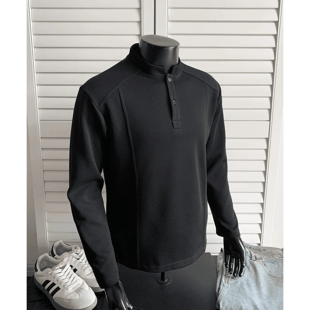 Men's asymmetric stand-up collar polo shirt with patchwork shoulders in Chinese cotton, available in three colours and seven sizes
