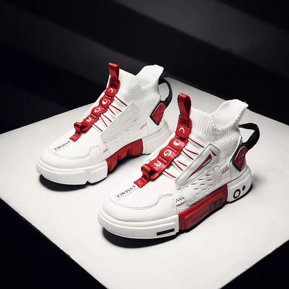 Autumn kids' high-top woven sneakers in white, black, and dark gray