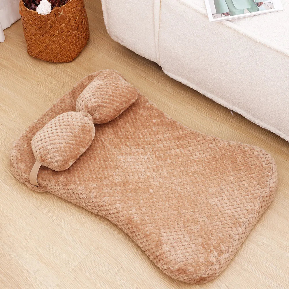 Soft plush pet bed mat with pillow in grey, khaki, or pink, sizes S to XL from 40x30x6cm to 100x60x8cm