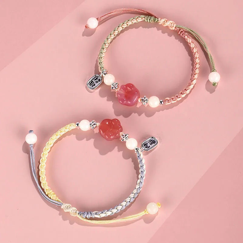 Cat's Paw Bracelet for couples women manual woven bracelet in pastoral style with glass or coloured glaze beads available in red cat's paw pink or yellow woven options for lucky charm jewellery