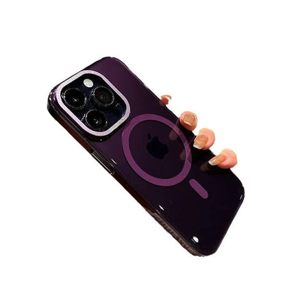 Transparent magnetic phone case with metal lens frame and independent metal buttons for iPhone 12 to 15 Pro Max