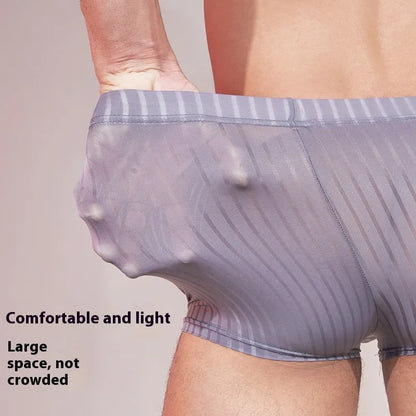 Men's striped underwear in black, white, or dark grey with thin nylon fabric and free size fit