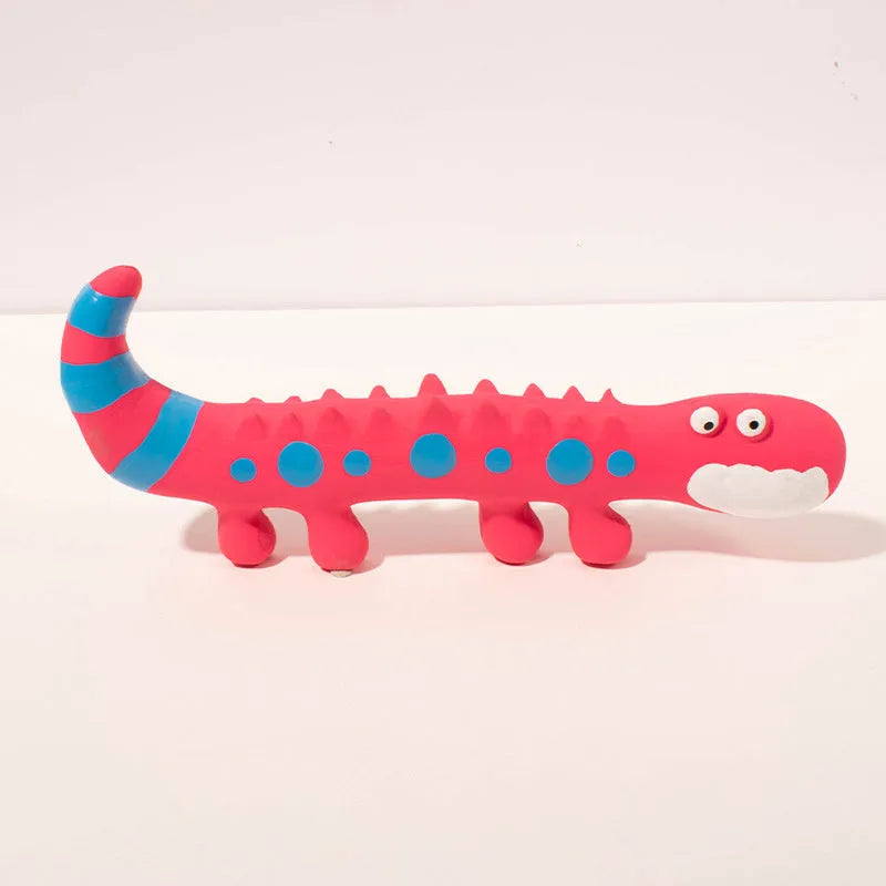 Green lizard-shaped dog chew toy with textured surface and squeaker, measuring 24cm long