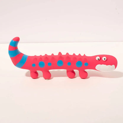 Green lizard-shaped dog chew toy with textured surface and squeaker, measuring 24cm long
