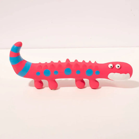 Green lizard-shaped dog chew toy with textured surface and squeaker, measuring 24cm long