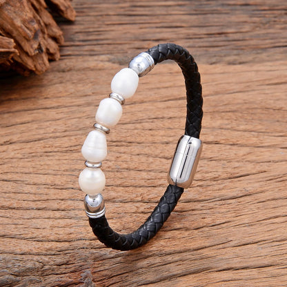 Korean style unisex leather bracelet with irregular natural pearls in six colour options