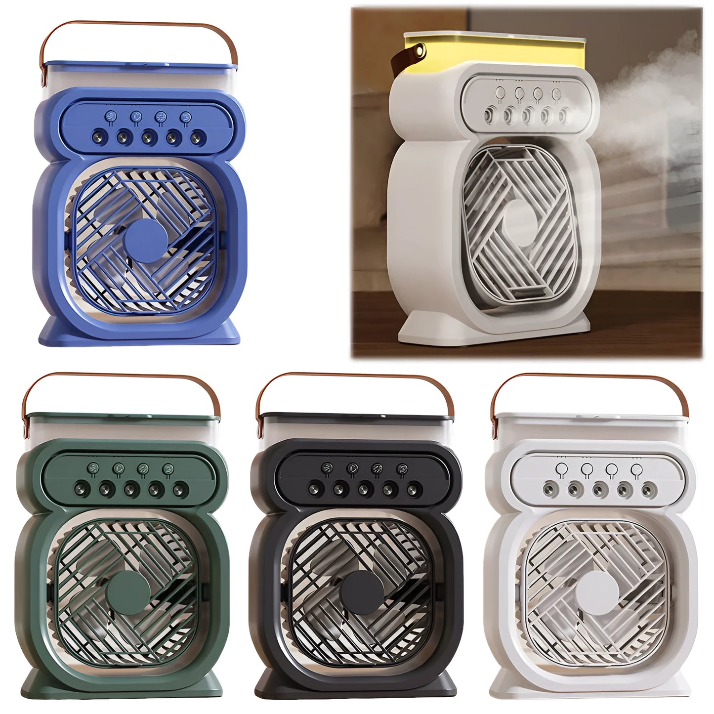 Portable evaporative air cooler humidifier fan with LED night lights in black, blue, green or white
