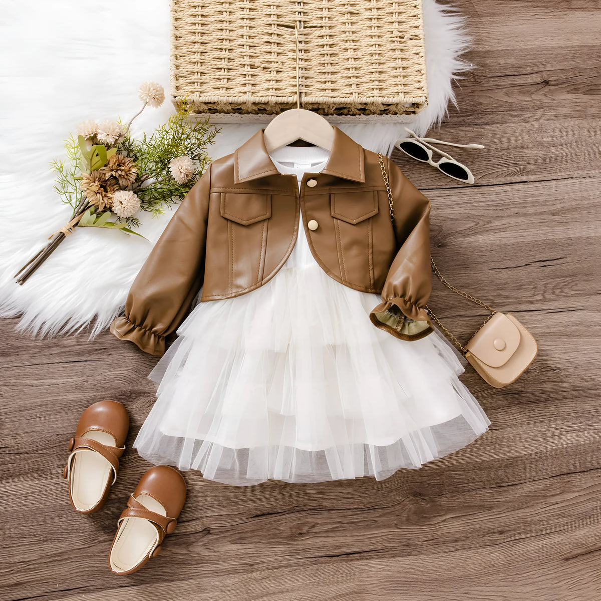 Korean-style children's two-piece set with cotton coat and dress in brown or black, long sleeves, sizes 6-9M to 2-3Y