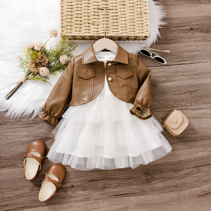 Korean-style children's two-piece set with cotton coat and dress in brown or black, long sleeves, sizes 6-9M to 2-3Y