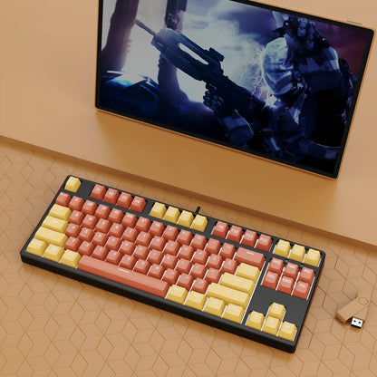 87-key mechanical keyboard with two-tone coloured keycaps on metal case