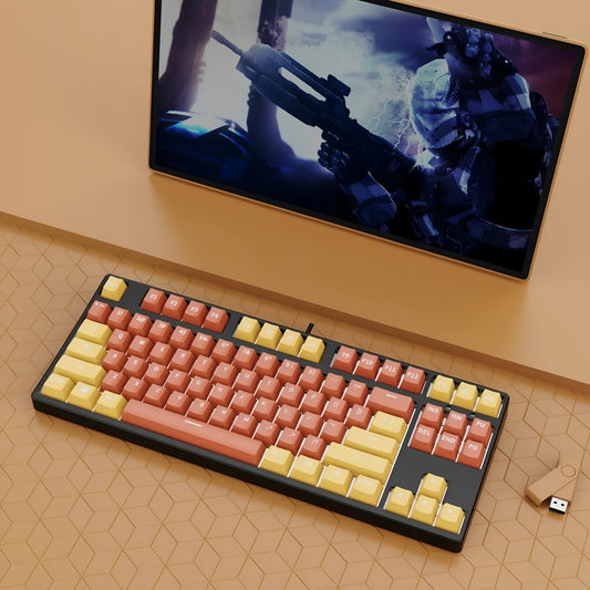 87-key mechanical keyboard with two-tone coloured keycaps on metal case