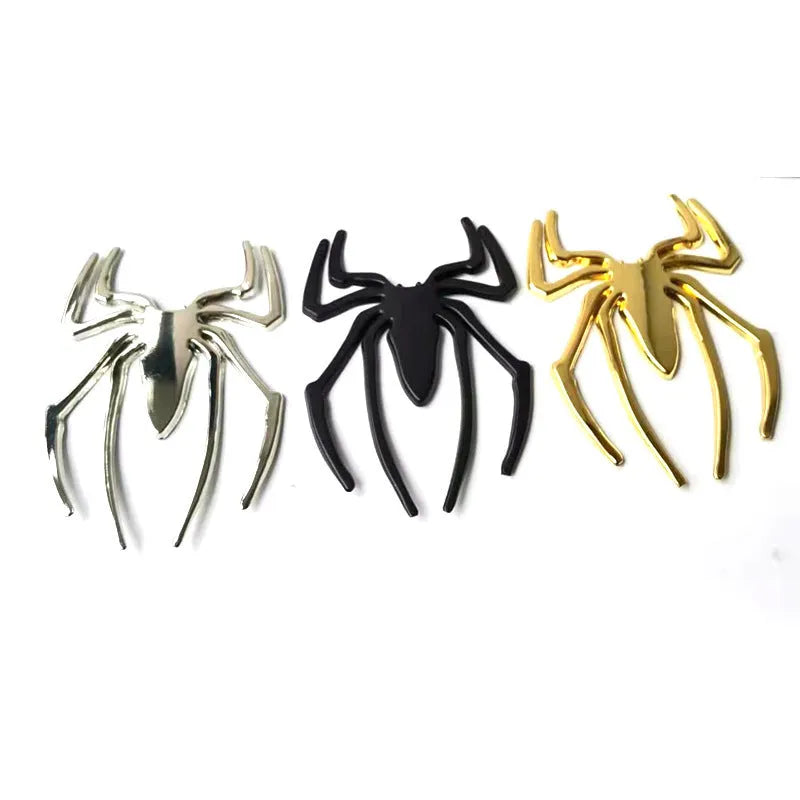 Three-dimensional metal spider bumper sticker in zinc alloy measuring 7cm by 5cm