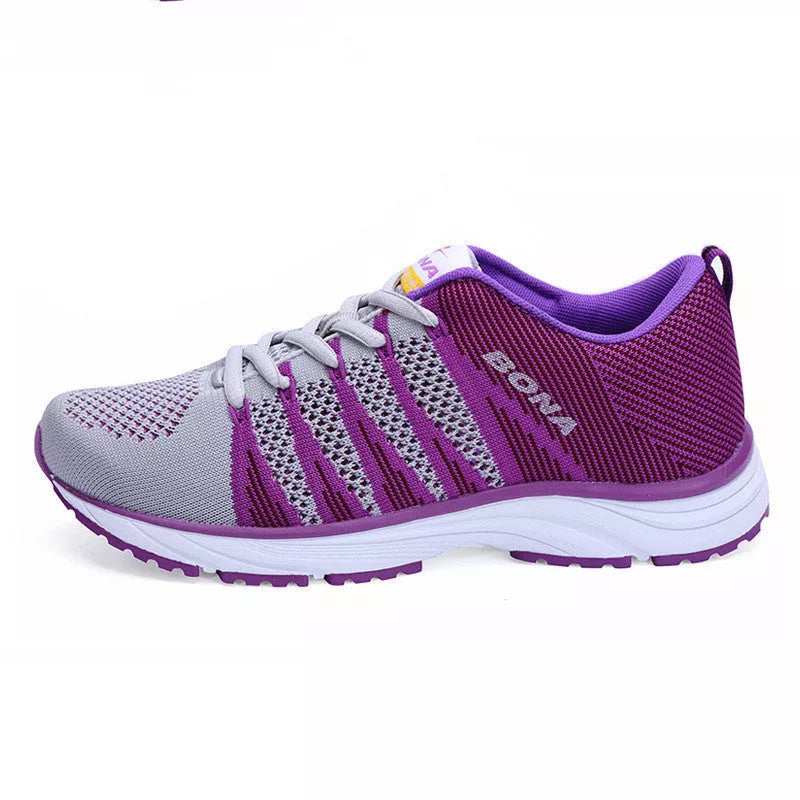 Women's mesh hiking and running shoes in red, grey, purple, and blue