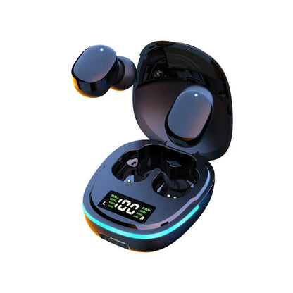 Black true wireless Bluetooth headphones with charging box showing digital battery display, silicone ear caps in three sizes