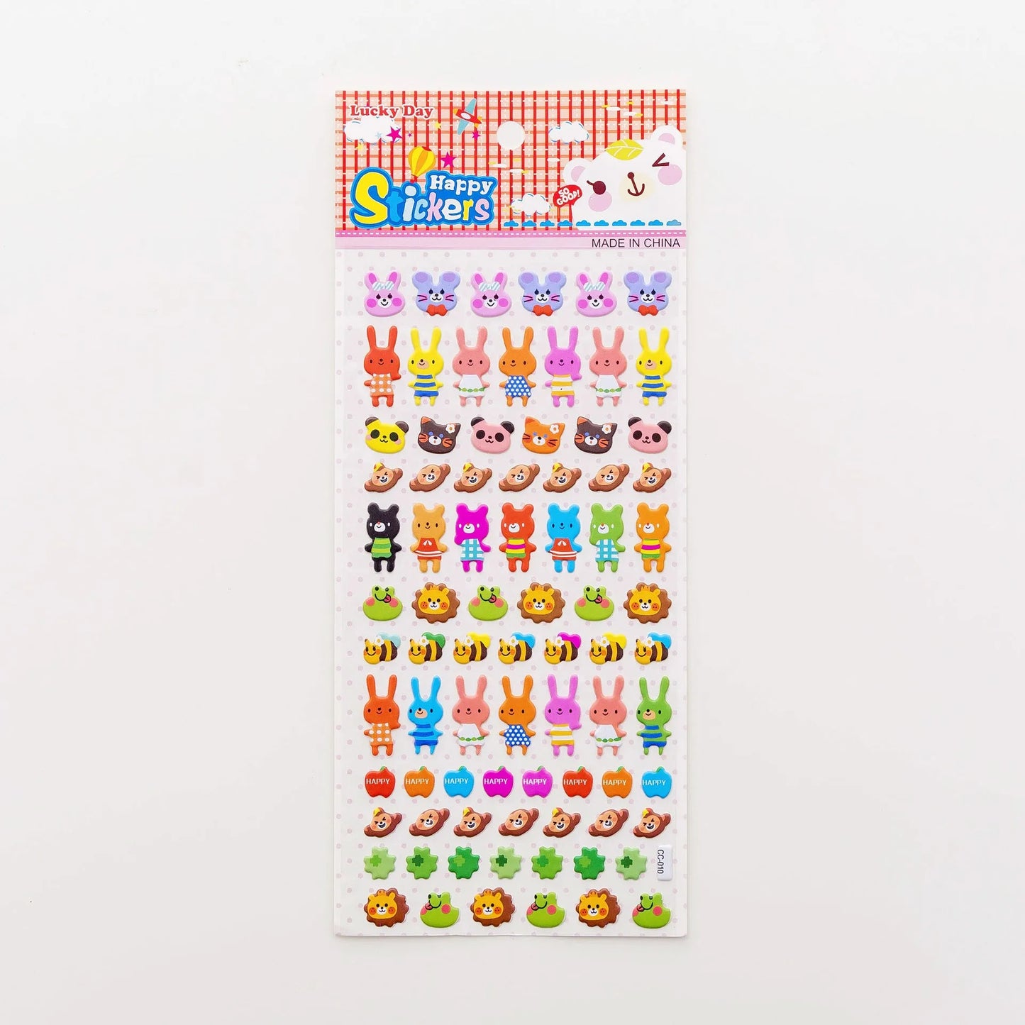 Cartoon three-dimensional bubble stickers showing colourful animal, food and pattern designs for decoration