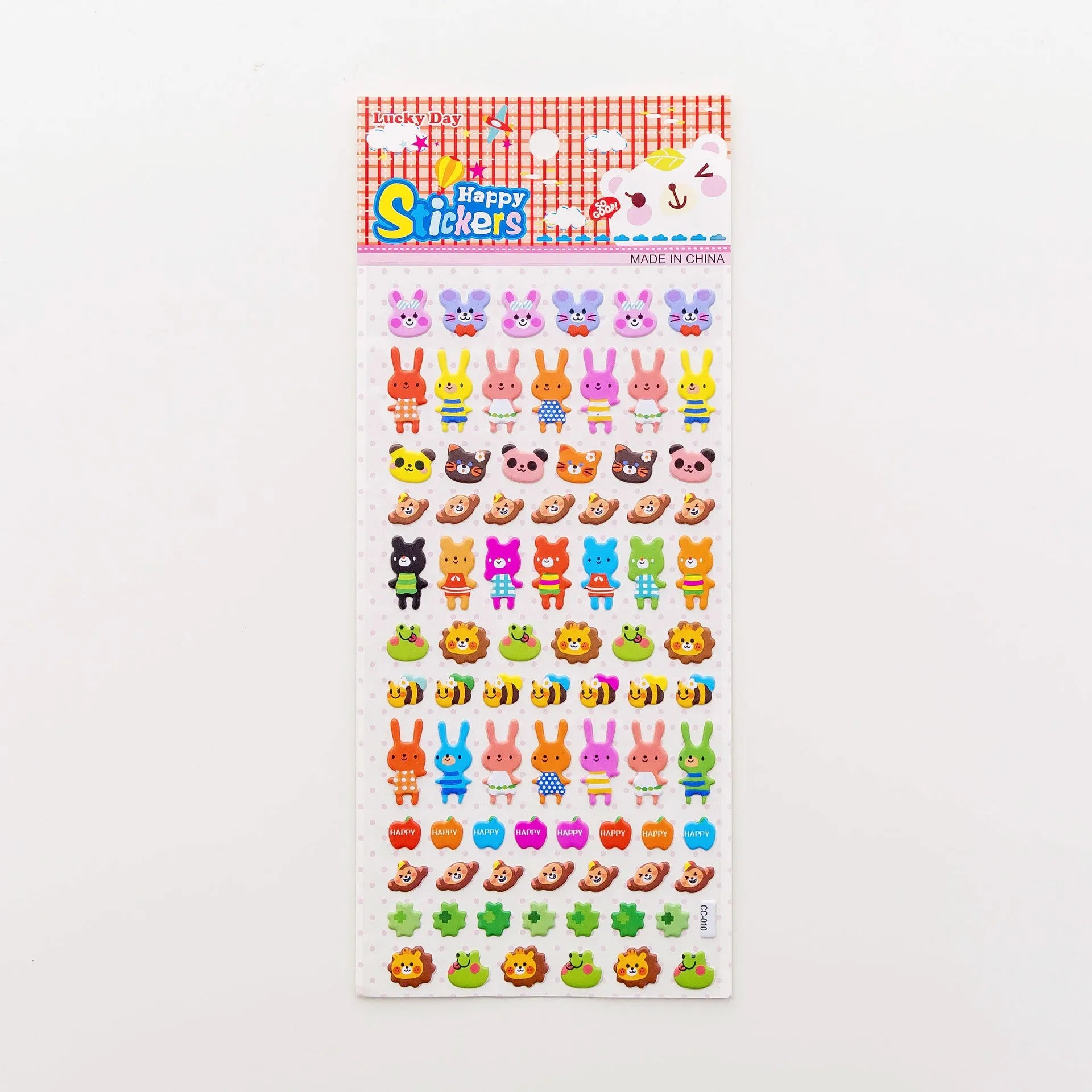 Cartoon three-dimensional bubble stickers showing colourful animal, food and pattern designs for decoration
