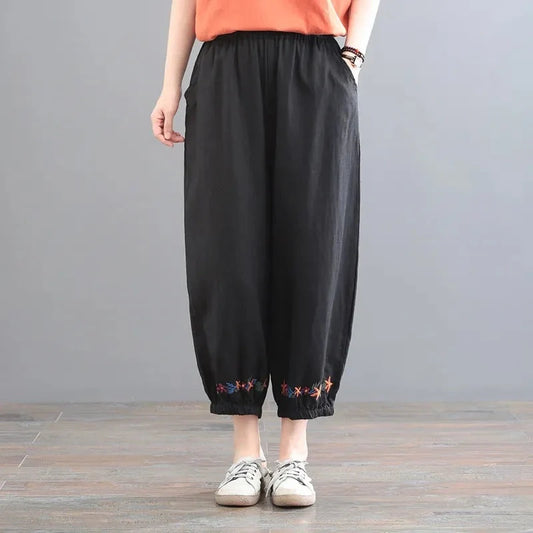Women's vintage cotton linen casual pants in beige, black, grey, and navy blue