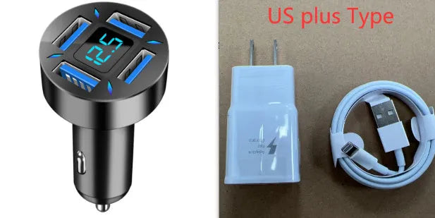 Four-port USB car charger with LED digital display showing voltage, compact black design for vehicle power socket