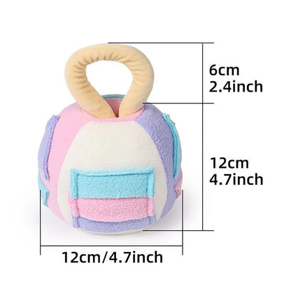 Pink and green squeaky plush ball dog toy with treat pockets for interactive play