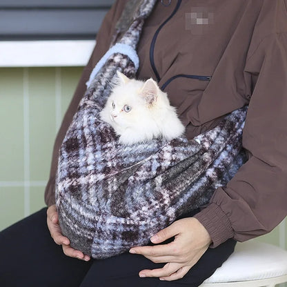 Yellow plaid soft polyester pet crossbody backpack for small dogs and cats