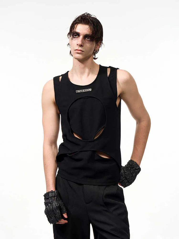 Men's black sleeveless waistcoat with round neck and loose fit design for summer wear