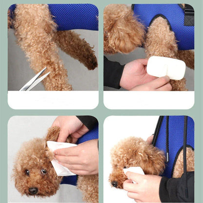 Premium pet grooming hammock with adjustable straps, breathable mesh, and grooming accessories for nail trimming and bathing
