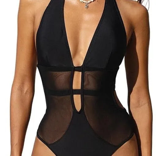 Women's one-piece swimsuit with V-neck hanging neck design in black mesh fabric suitable for swimming and water sports in sizes S to XXL