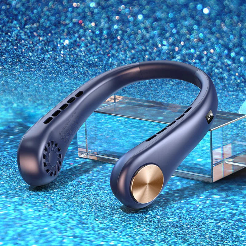 Stylish portable neck fan with bladeless design, adjustable speeds, and rechargeable battery for hands-free cooling