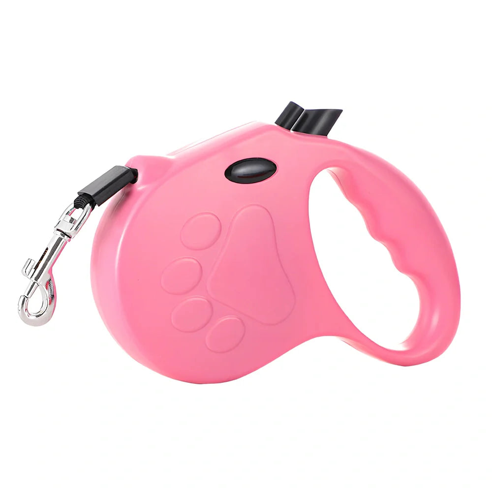 Automatic telescopic pet traction rope showing compact 140x168mm size and ABS plastic construction