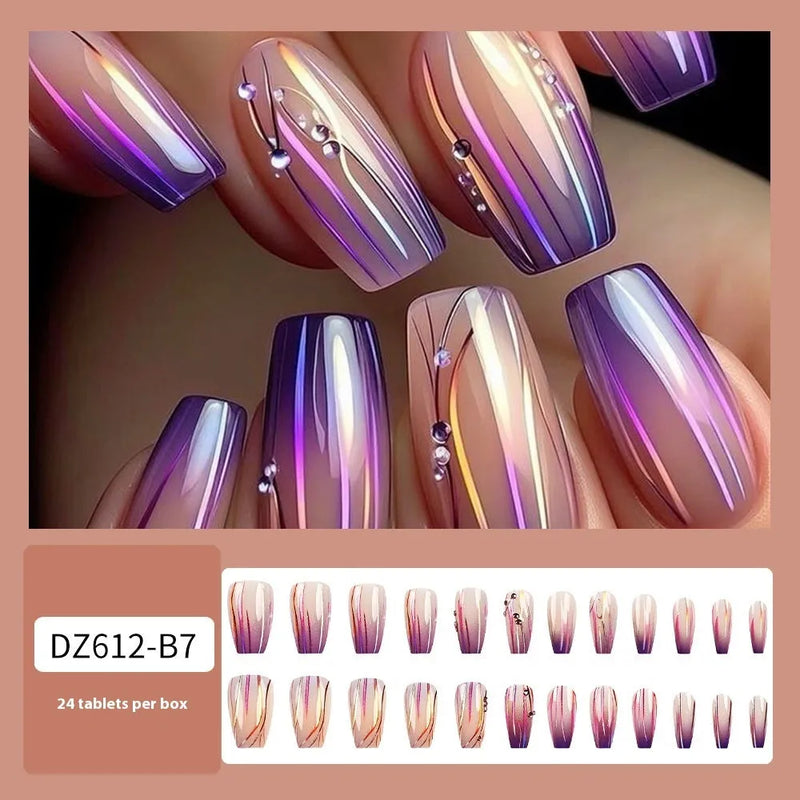 Nail sticker 24-piece set with jelly glue in magic purple line streamer gradient pattern starry sky design ultra-thin seamless application short wearable ballet length affordable luxury style for ladies hot girl ins European American sweet cool fashion