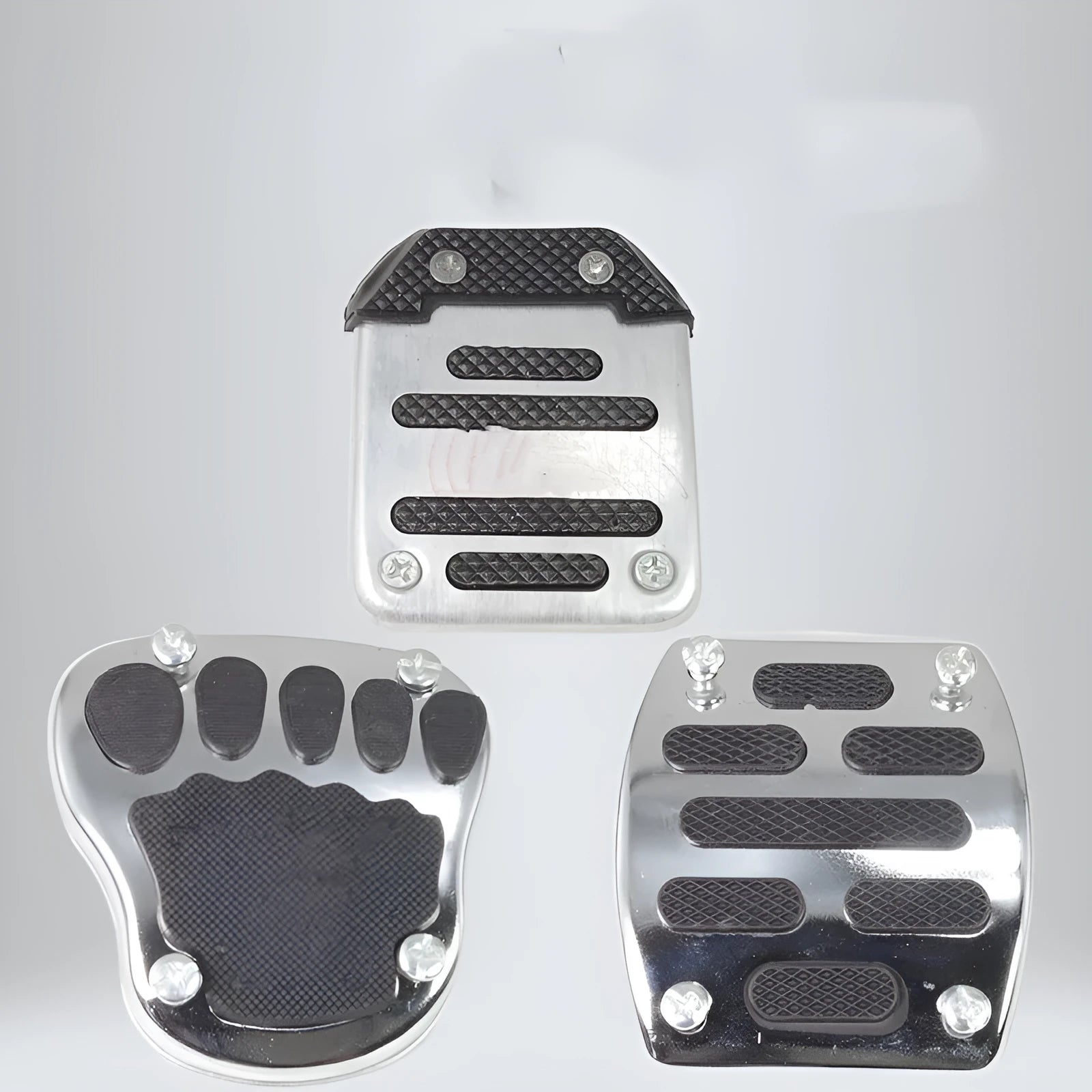 Metal motorcycle brake pedal skid plate showing Foot Pedal, Square Foot Pedal, and Small Brake Plate style options