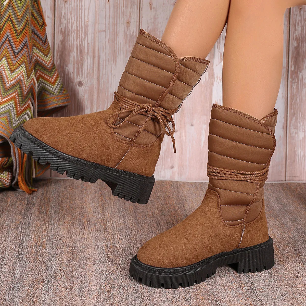 Women's black suede chunky heel snow boots with lace-up design and fleece lining, size 38 displayed