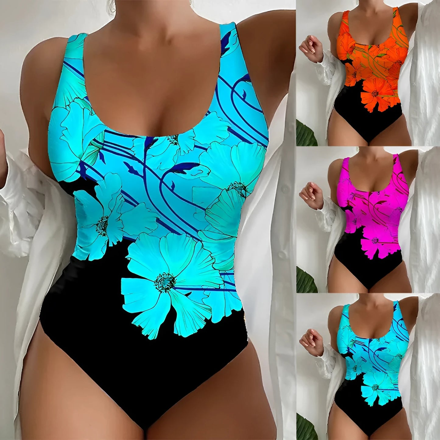 Women's orange red 3D printed one-piece swimsuit with Lycra lining on a mannequin.