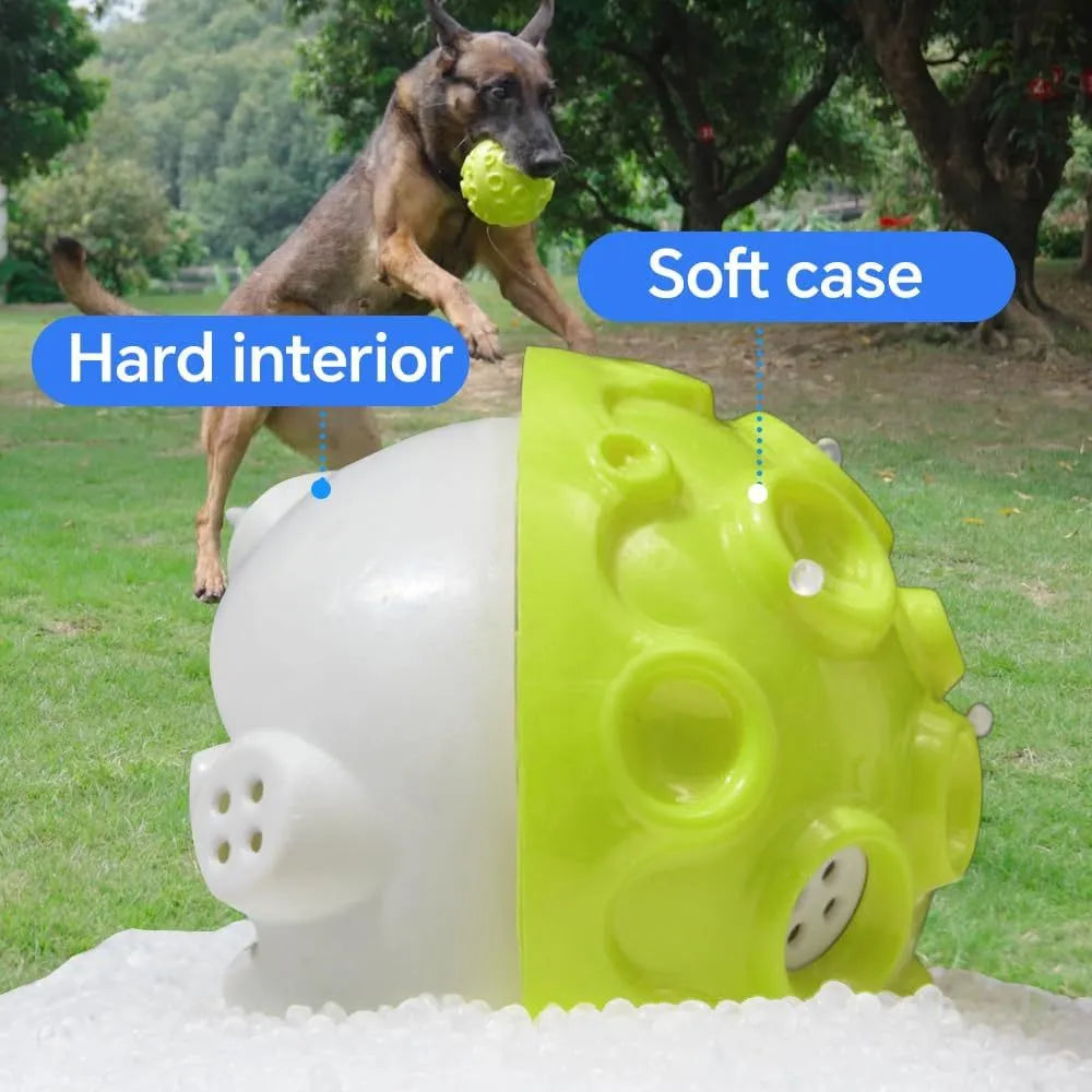 Colourful dog toy ball with meteorite-shaped bumps for aggressive chewers and anxiety relief