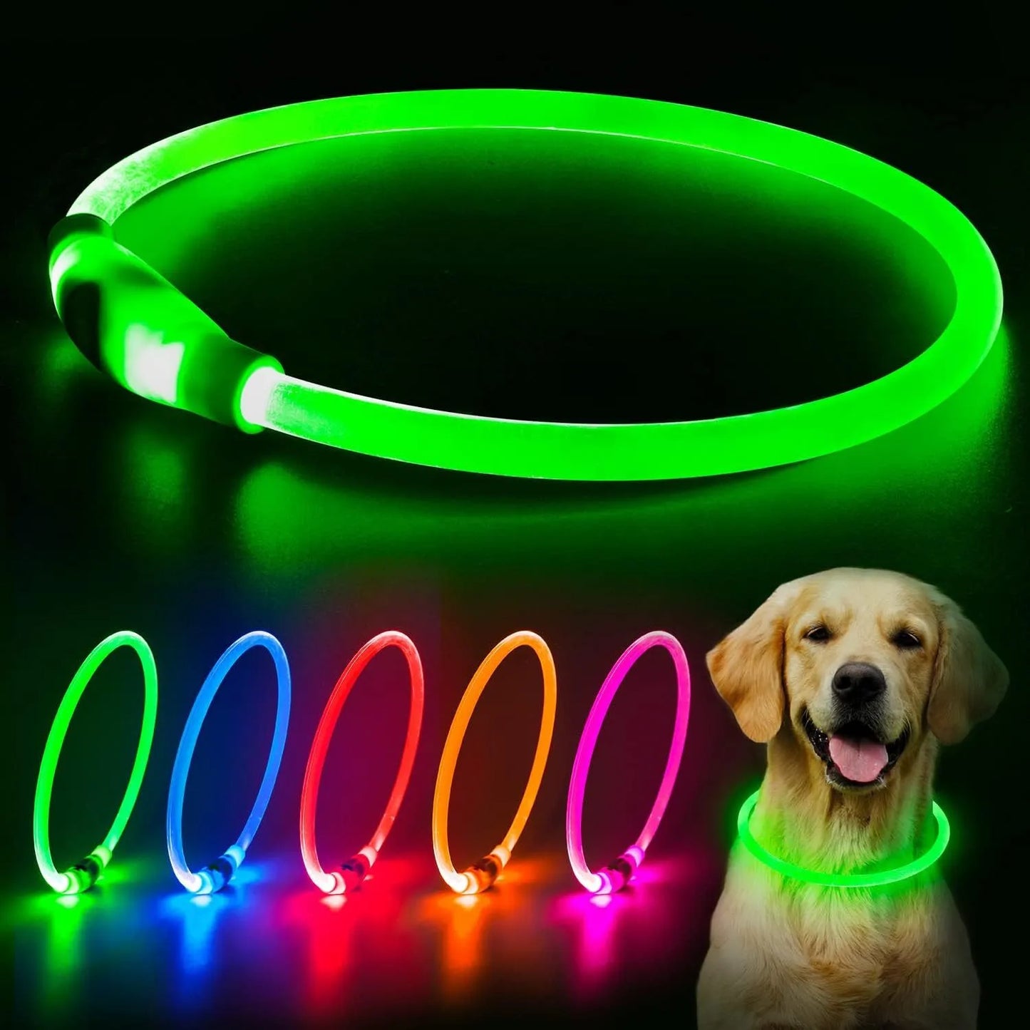 USB-rechargeable LED dog collar with blue glow, adjustable 70cm length, and three flash modes for pet safety.
