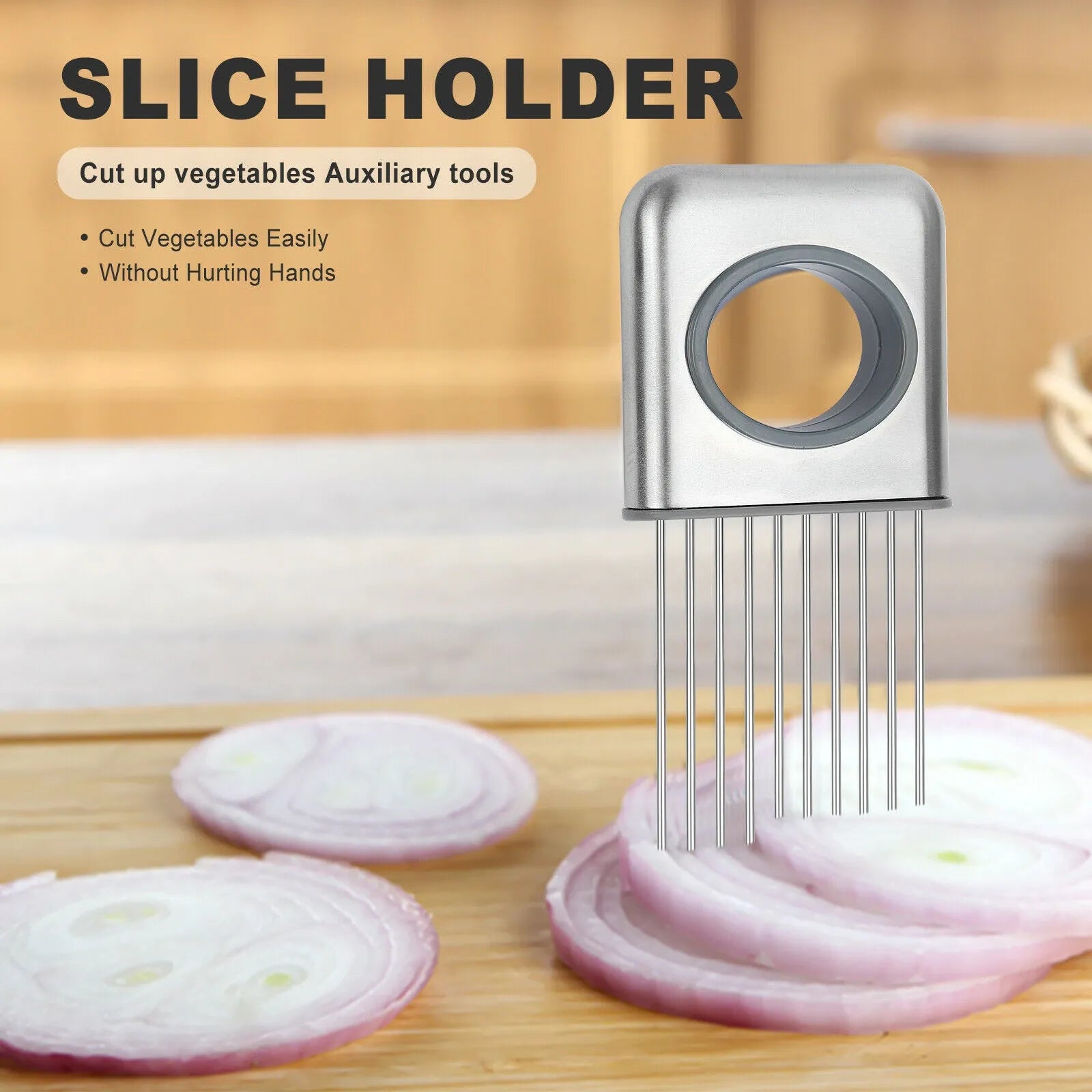 Stainless steel onion holder slicer tool with sharp prongs and a finger guard protector on a kitchen surface.