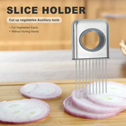 Stainless steel onion holder slicer tool with sharp prongs and a finger guard protector on a kitchen surface.