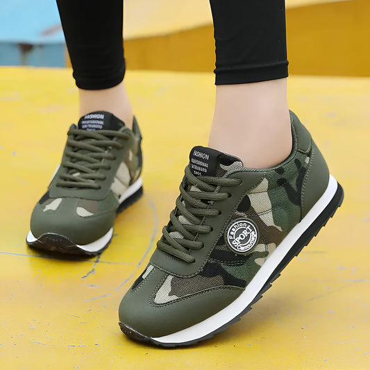 Camouflage pattern unisex sports running shoes showing suede upper and low-top design