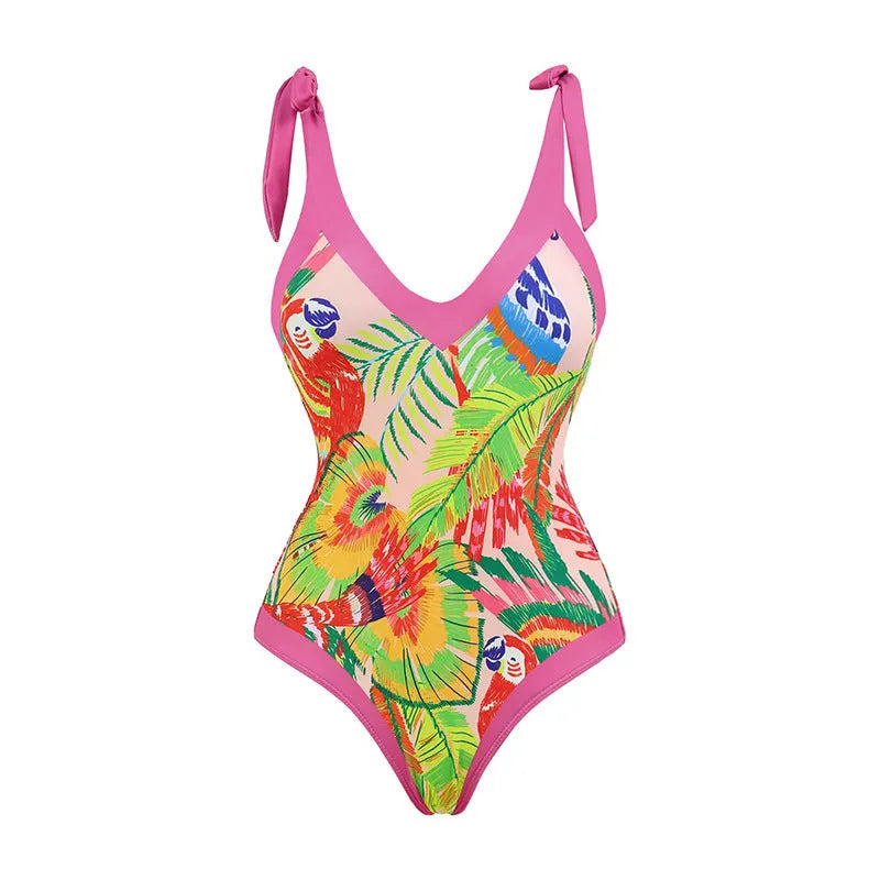 Pink floral print women's retro swimsuit with V-neck and attached thin skirt cover