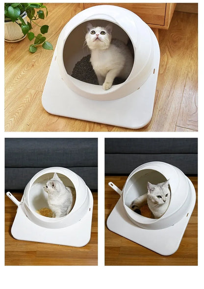 Large grey enclosed cat litter box with deodorising function for indoor use